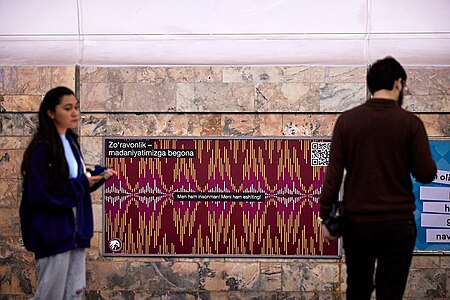 Фонд массмедиа совместно с Министерством транспорта разместили социальную рекламу на станциях метро, имитирующую радиоволны — обращения женщин о помощи против насилия. 